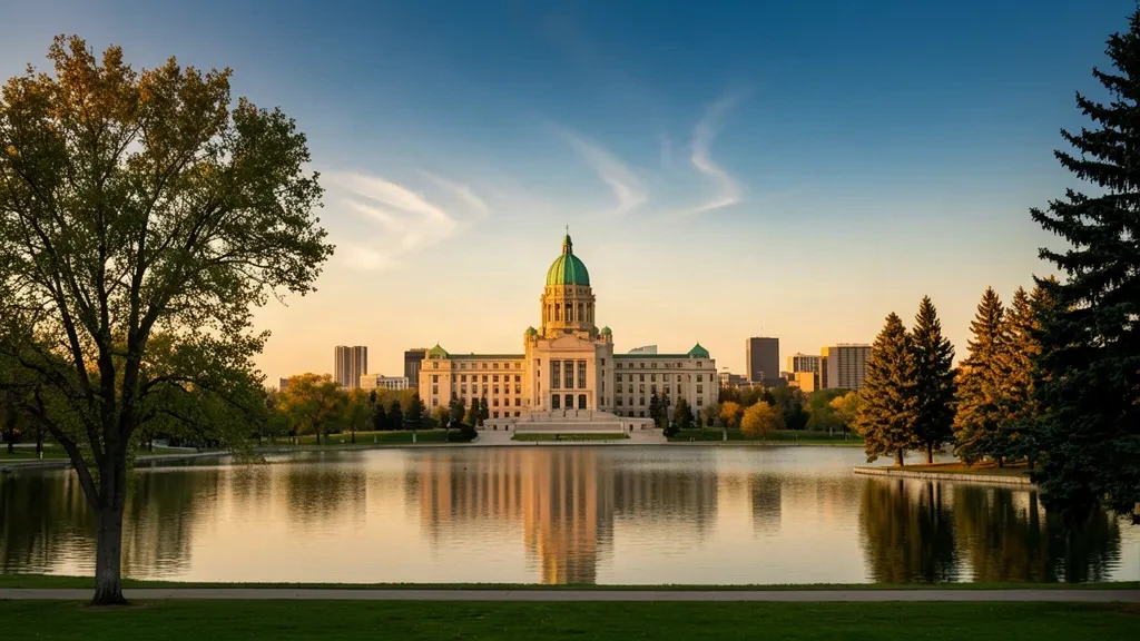 Saskatchewan Legislative Building e Wascana Lake a Regina, Saskatchewan, durante l'ora d'oro, con riflessi calmi e un'ampia vista sullo skyline delle praterie