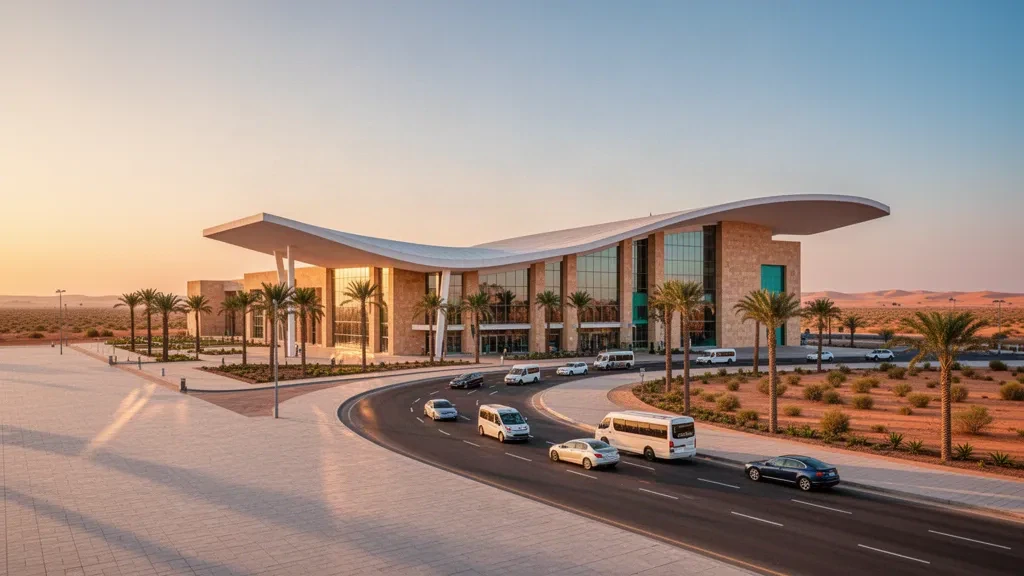 Modern curved-roof glass terminal exterior at Nouakchott–Oumtounsy International Airport in Mauritania during warm golden-hour desert light