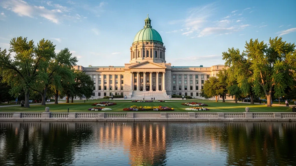 Saskatchewan Legislative Building e la sua cupola riflessi nel Wascana Lake a Regina, Saskatchewan, durante l'ora d'oro