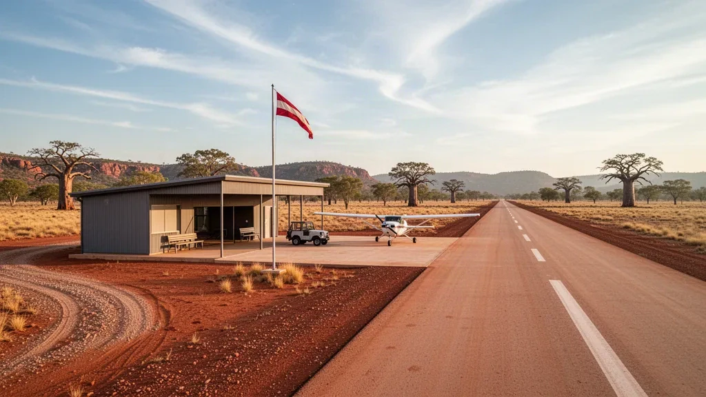 Abgelegene Outback-Landebahn in Noonkanbah in der Kimberley-Region, Western Australia, mit rotbrauner Start- und Landebahn und weitem offenem Himmel