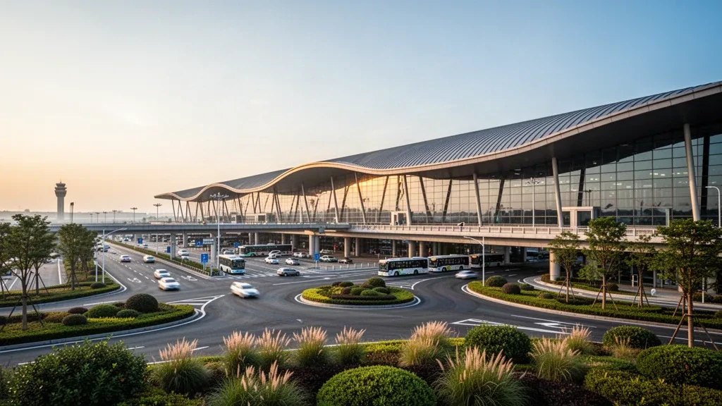 Moderno terminal in vetro e tetto curvo dell'Aeroporto Internazionale di Nanjing Lukou con corsie di sosta all'ora del tramonto