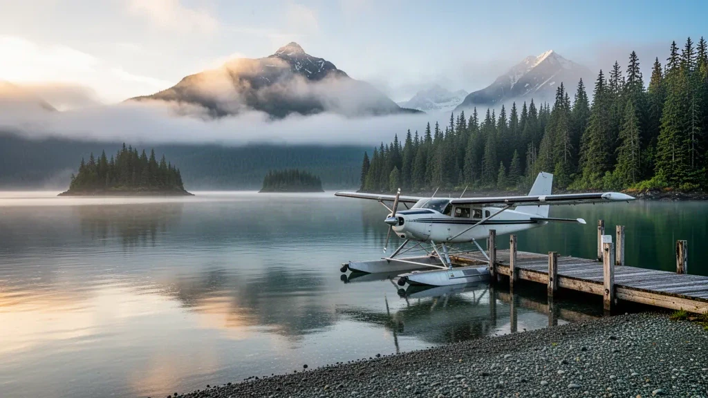 Un hidroavión atracado en la Base de Hidroaviones de Naukati Bay, en Alaska, rodeado de aguas tranquilas y bosque de coníferas durante la hora dorada.