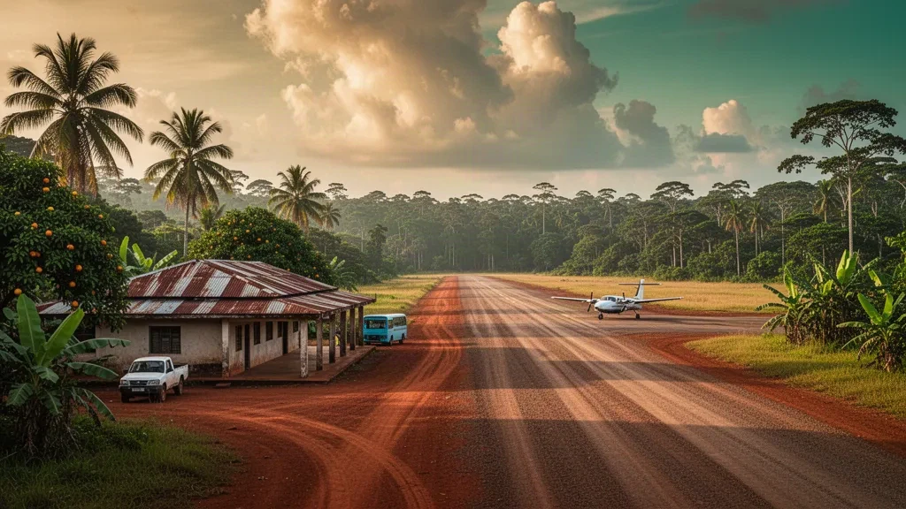 Pista tropicale in laterite e piccolo terminal con tetto in metallo all'Aeroporto di N'Kolo-Fuma nella Repubblica Democratica del Congo durante l'ora dorata.