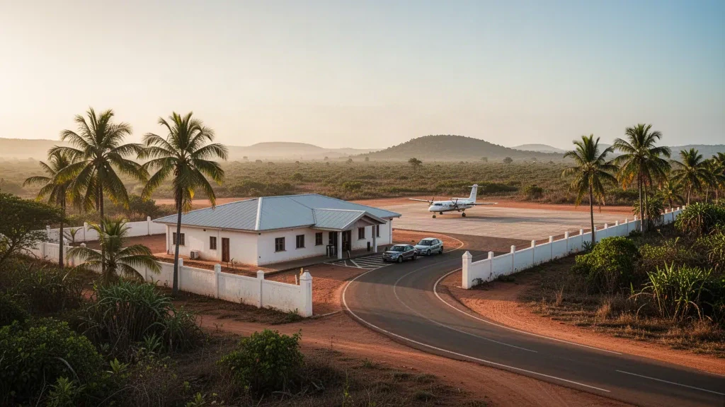 Golden-hour view of Ankokoambo Airport in Madagascar showing its low terminal, palm trees and a small aircraft on the apron