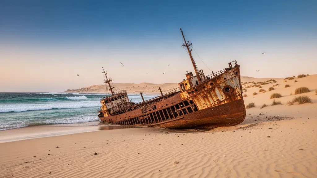 Rusting Cabo Santa Maria shipwreck tilted on a golden Boa Vista beach in Cape Verde with turquoise surf and sand dunes behind