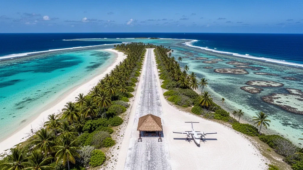 Vista aérea de la pista de coral del aeropuerto de Nukutepipi en la Polinesia Francesa, rodeada de laguna turquesa, arena blanca y palmeras.