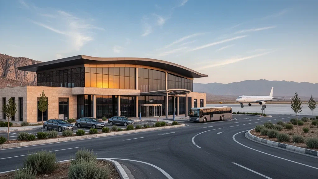 Blick zur goldenen Stunde auf das moderne Glas-Terminal des Flughafens Şırnak Şerafettin Elçi, Zufahrtsstraßen und Bergkulisse im Südosten der Türkei