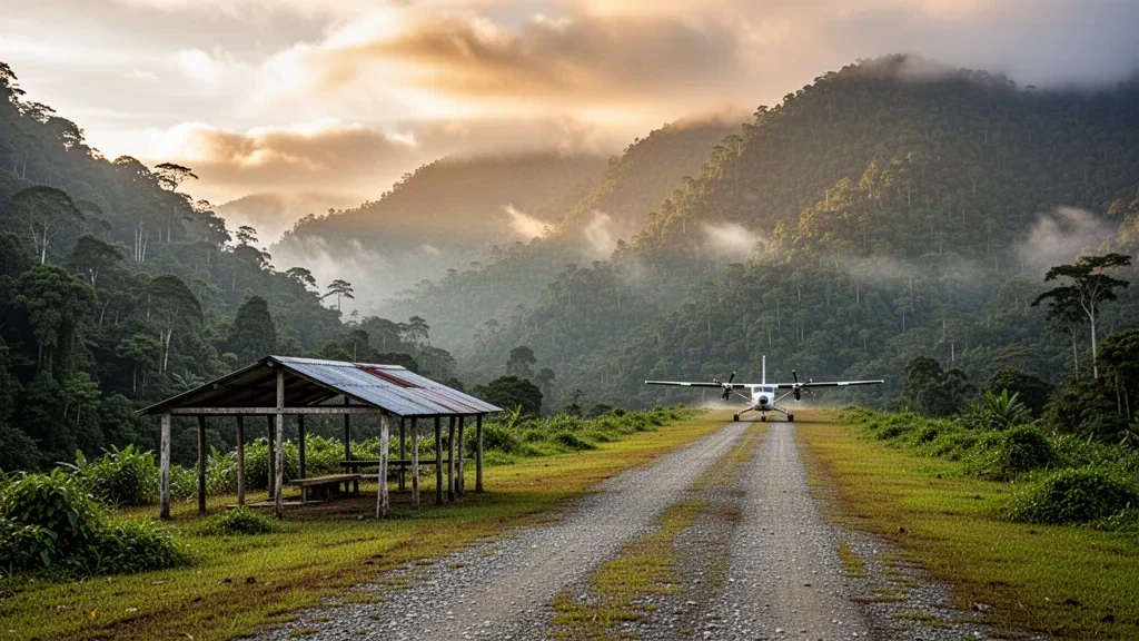 Piste de l'aéroport de Nankina dans la forêt tropicale de Papouasie-Nouvelle-Guinée, avec un petit avion à turbopropulseur sur une piste en gravier au lever du soleil