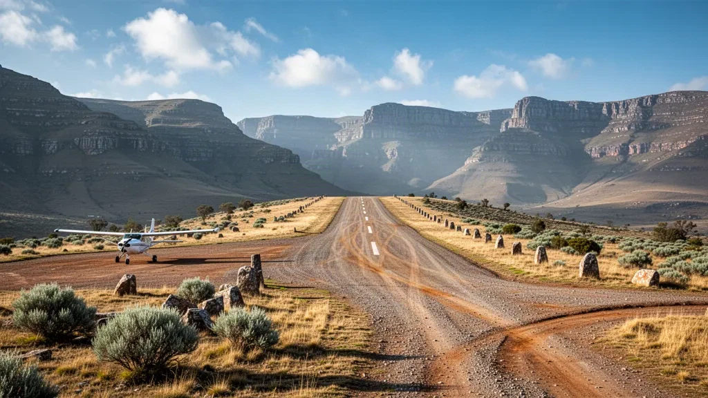Abgelegene Schotterpiste am Flughafen Nkaus im Hochland von Lesotho, umrahmt von geschichteten Bergkämmen unter klarem Licht der Hochgebirgslage.