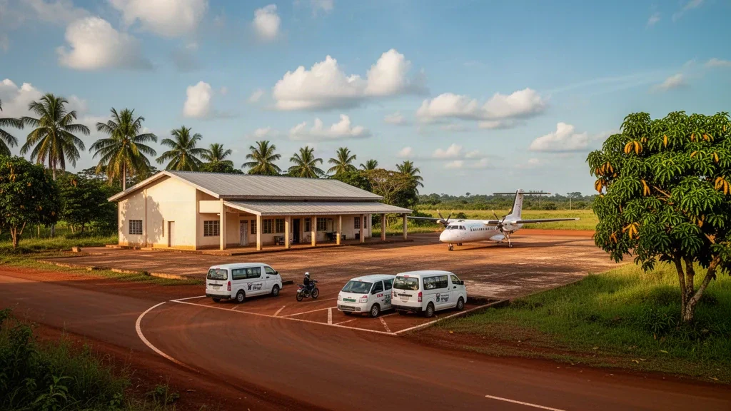 Low-rise terminal, parked turboprop and palm-lined apron at Yokangassi Airport near Nkayi, Republic of the Congo, in warm afternoon light.