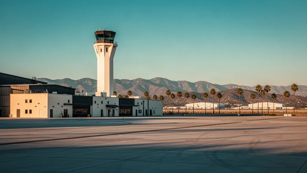 Blick zur goldenen Stunde auf den Kontrollturm, das Vorfeld und das von Palmen gesäumte Flugfeld der Marine Corps Air Station Miramar bei San Diego, Kalifornien