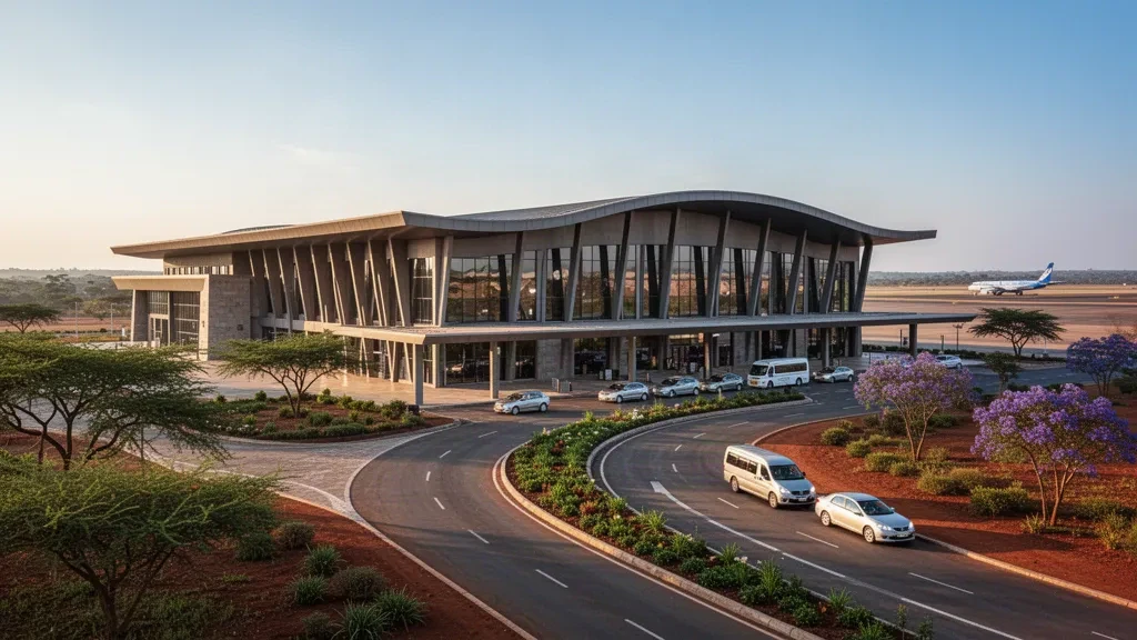 Moderne Glasfassade des Terminals und geschwungene Vorfahrtstraße am internationalen Flughafen Simon Mwansa Kapwepwe bei Ndola, Sambia, in goldenem Licht
