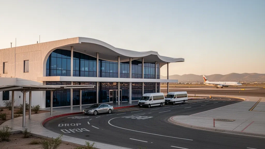 Exterior moderno de cristal y hormigón de la terminal del Aeropuerto Internacional Quetzalcóatl en Nuevo Laredo a la hora dorada
