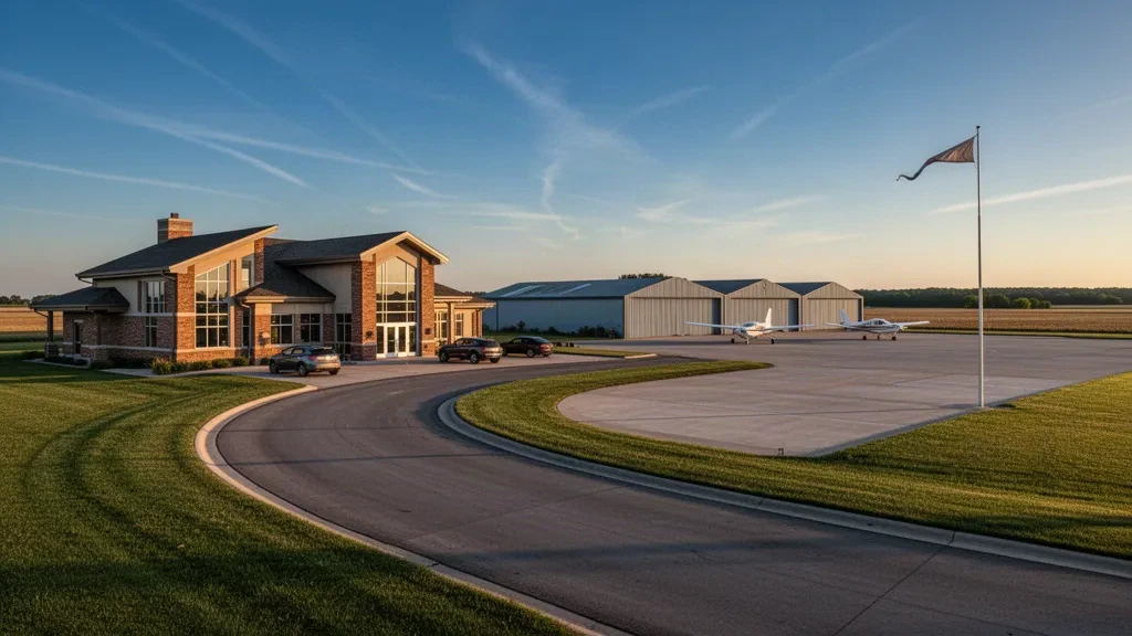 Vue à l'heure dorée de l'aéroport Jerry Tyler Memorial à Niles, dans le Michigan, avec son petit terminal, son allée d'entrée et ses hangars le long de l'aire de trafic