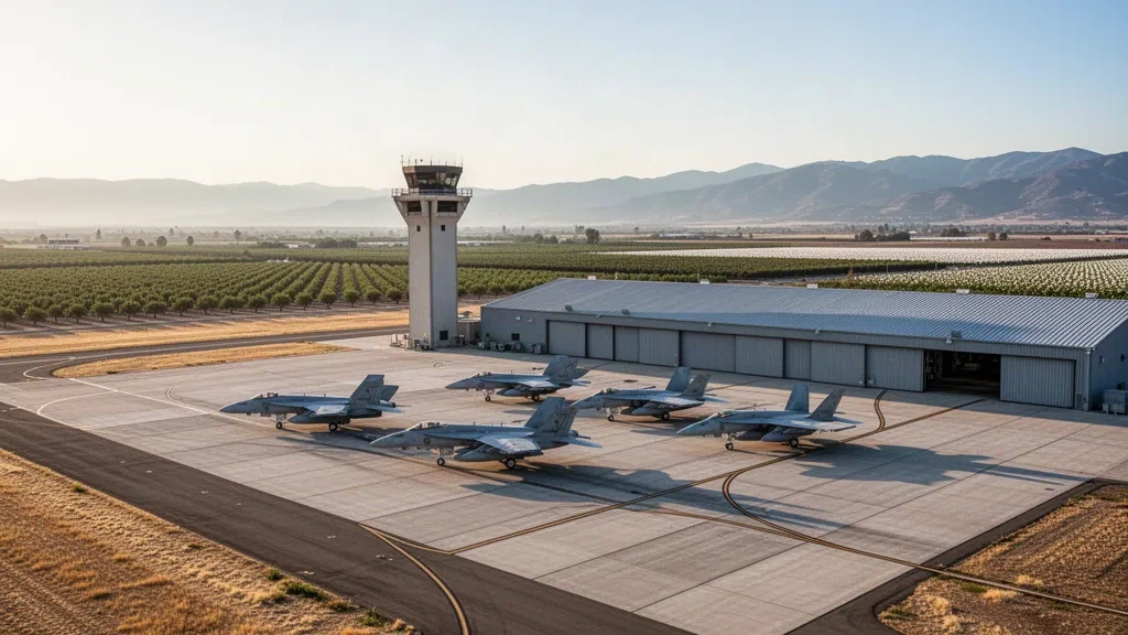 Veduta dell'ora d'oro della linea di volo, degli hangar e della torre di controllo al Reeves Field della Lemoore Naval Air Station in California.