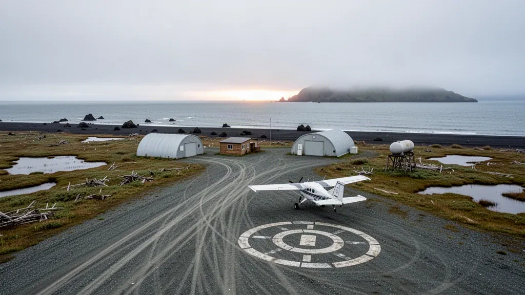 Pista remota de grava y tundra azotada por el viento en el Aeropuerto Nelson Lagoon, en la costa del mar de Bering de Alaska, con una aeronave bush estacionada