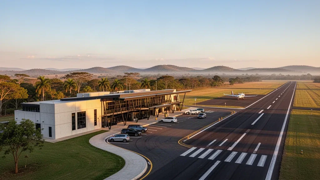 Terminal und Start- und Landebahn des Flughafens Nelspruit, umgeben von den Hügeln des Lowveld nahe Mbombela, Mpumalanga, Südafrika