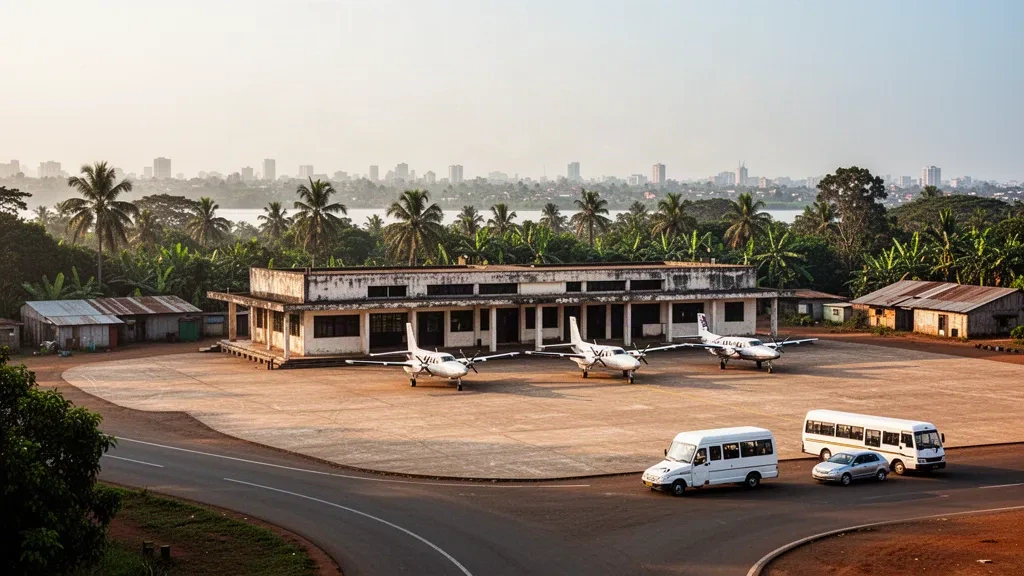 Terminal baja y plataforma bañada por el sol del Aeropuerto Ndolo en Kinsasa con pequeñas aeronaves estacionadas, vegetación tropical y luz cálida de la hora dorada
