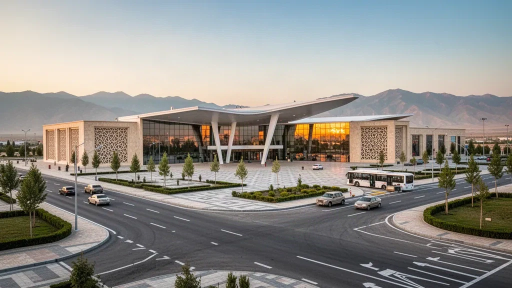 Extérieur d'un terminal moderne et voies de dépose incurvées à l'aéroport international de Namangan en Ouzbékistan à l'heure dorée