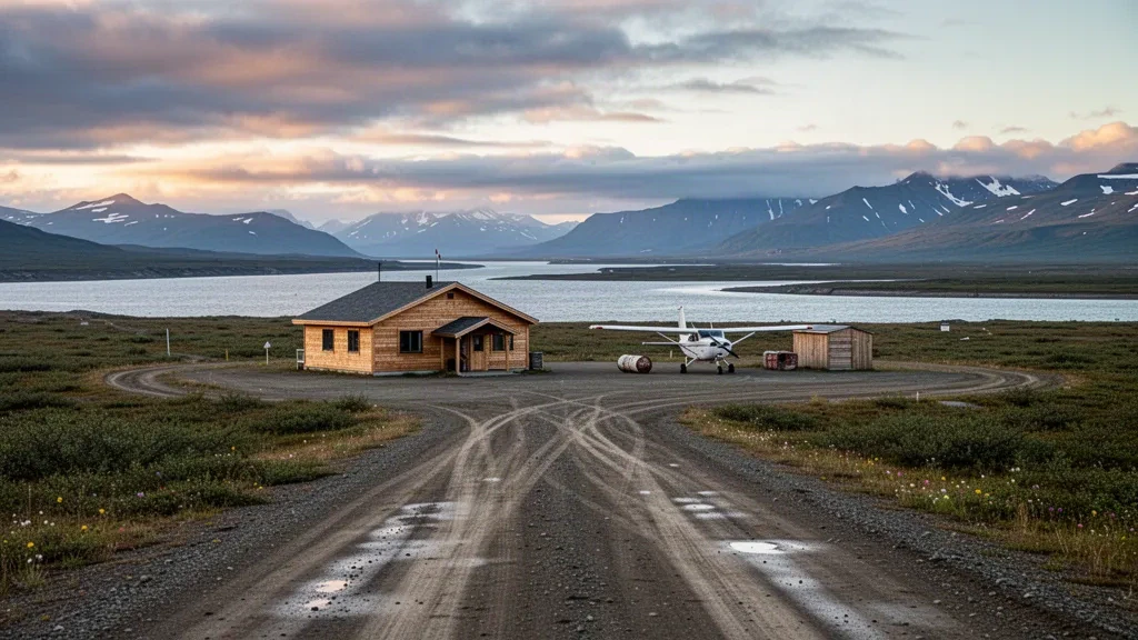 Gravel runway and small bush plane beside the timber terminal at remote Nightmute Airport in Alaska, framed by tundra and distant mountains