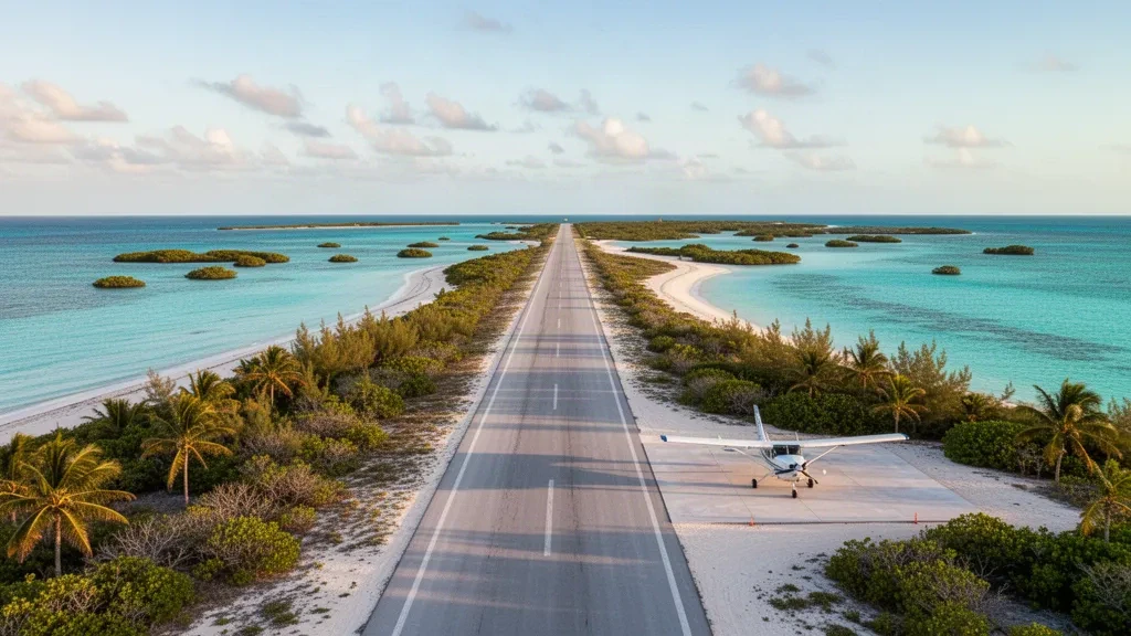 Small paved island runway with a light aircraft beside turquoise shallows at Norman's Cay Airport in the Exuma Cays, Bahamas