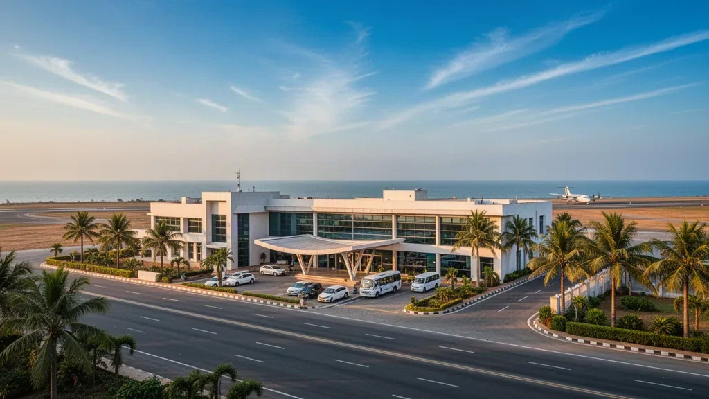 Veduta all'ora d'oro del moderno terminal costiero dell'aeroporto di Daman, con corsia di sosta e strada d'accesso fiancheggiata da palme vicino al Mar Arabico.
