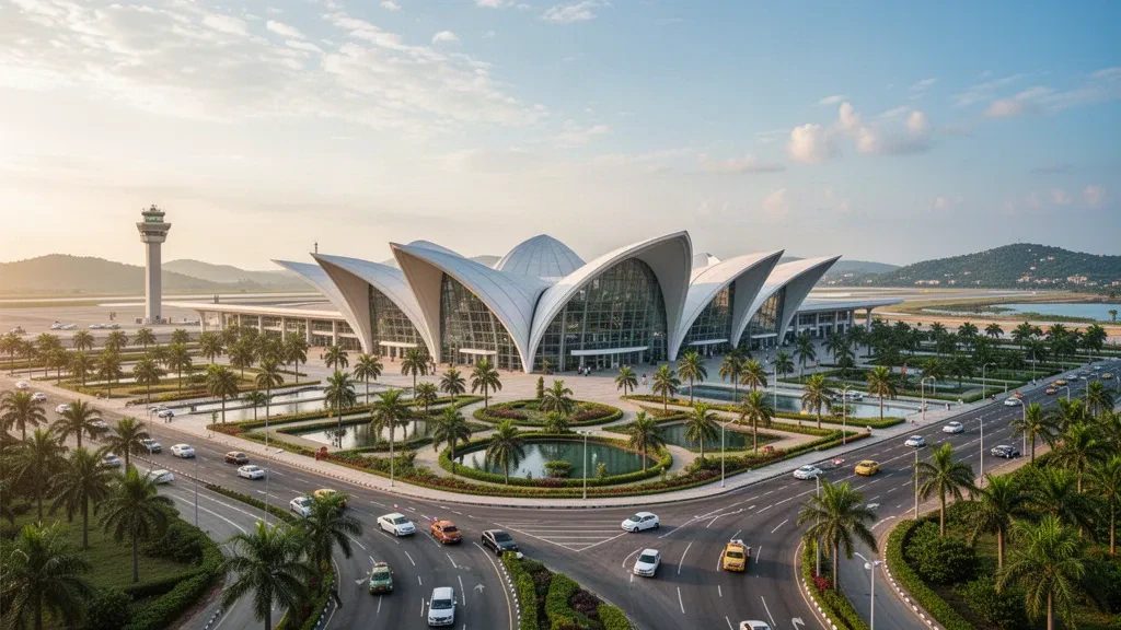 Terminal moderno de cristal y explanada ajardinada en el Aeropuerto Internacional de Navi Mumbai con vías de acceso durante la hora dorada.