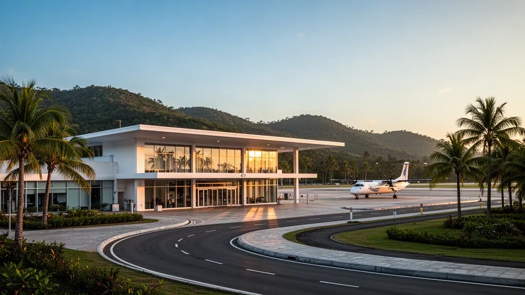 Blick zur goldenen Stunde auf das moderne, niedrige Terminal des Flughafens San Miguel, die von Palmen gesäumte Vorfahrt und das ruhige Vorfeld
