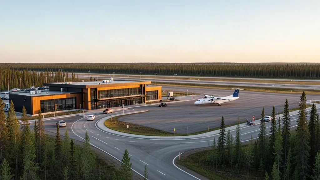 Terminal moderne et piste de l'aéroport de Fort McMurray/Mildred Lake entourés de la forêt boréale du nord de l'Alberta à l'heure dorée.