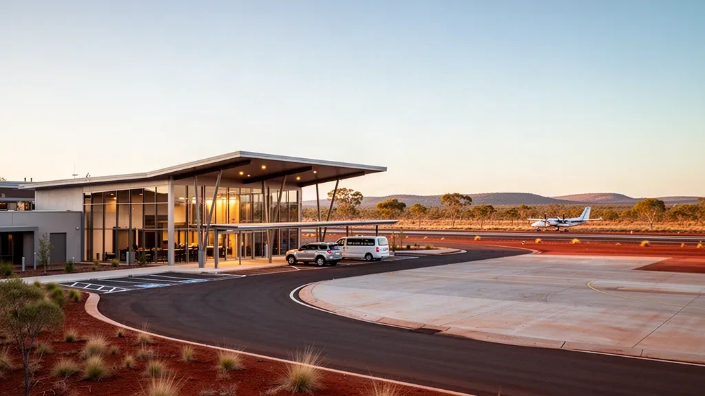 Golden hour view of a modern regional airport terminal, apron and drop-off lane at New Moon Airport in outback Queensland, Australia.
