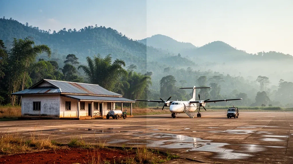 Petit terminal régional et turbopropulseur sur le tarmac de l'aéroport de Namtu, dans l'État de Shan, au Myanmar, encadrés par des collines verdoyantes brumeuses