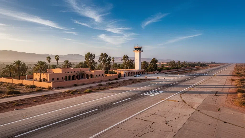 Vista amplia de la base aérea de Kenitra cerca de Kenitra, Marruecos, mostrando su pista de hormigón, edificios bajos y carreteras bordeadas de palmeras a la hora dorada.