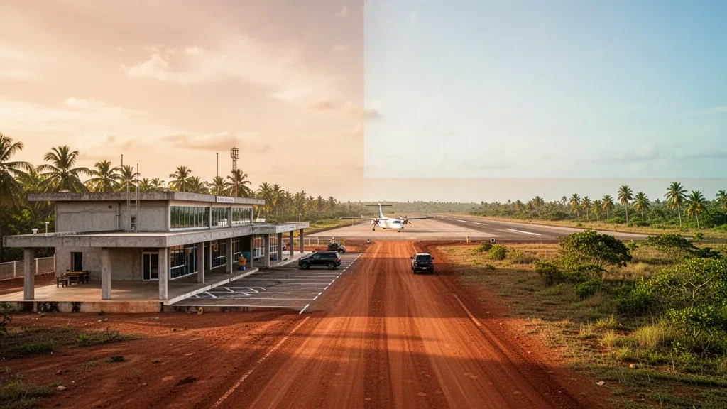 Nangade, Mozambik'te küçük bir tropik havaalanı terminali ve pistinin altın saat ışığındaki görünümü; palmiye ağaçları ve sakin seyahat atmosferi.