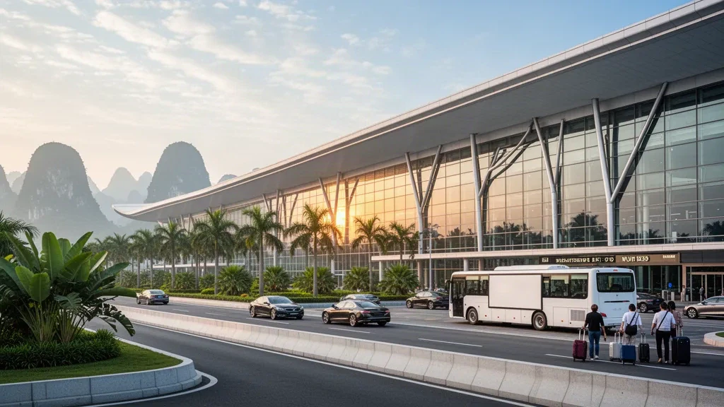 Exterior de terminal de cristal curvo y calzada de descenso en el Aeropuerto Internacional de Nanning Wuxu, en Guangxi, a la hora dorada, enmarcados por vegetación subtropical.