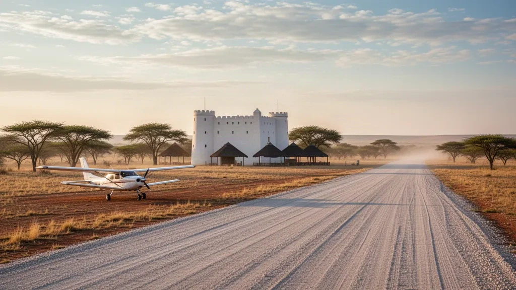 Schotterpiste des Flughafens Namutoni im Etosha-Nationalpark, Namibia, zur goldenen Stunde mit dem historischen weißen Fort und Savannenbuschland in der Nähe