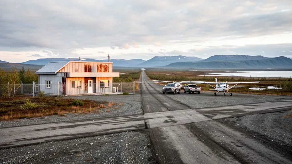 Small gravel runway, parked bush planes and wood-clad terminal building at Naknek Airport in Bristol Bay, Alaska