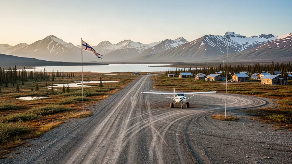 Gravel village airstrip and small bush plane near Nondalton, Alaska, surrounded by tundra, lakes and distant mountains at golden hour.