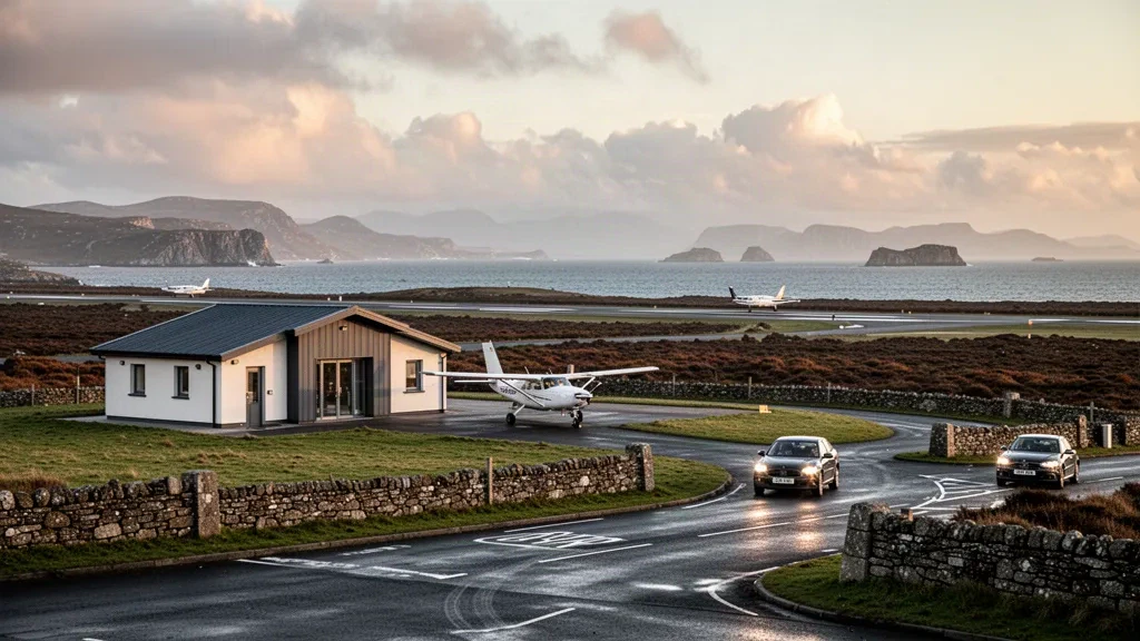 Kleines leichtes Flugzeug auf dem Vorfeld des Connemara Regional Airport in Inverin, County Galway, mit der Atlantikküste und fernen Hügeln im Hintergrund