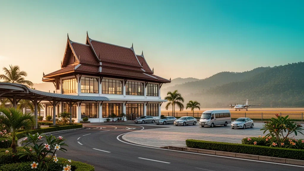 Ansicht des Flughafens Nan Nakhon in Nordthailand während der goldenen Stunde, mit dem Terminaldach im Lanna-Stil, Glasfassade und tropischer Bergkulisse.