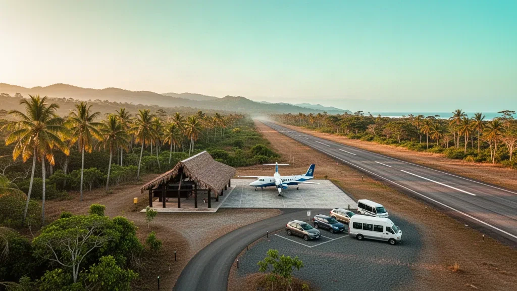 Nosara Airport in Costa Rica with a small open-air terminal, short tropical runway and palm trees in golden-hour light