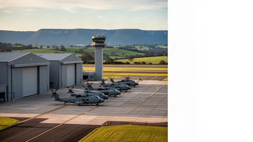 Wide view of the flight line, hangars and control tower at HMAS Albatross naval air station near Nowra, New South Wales.