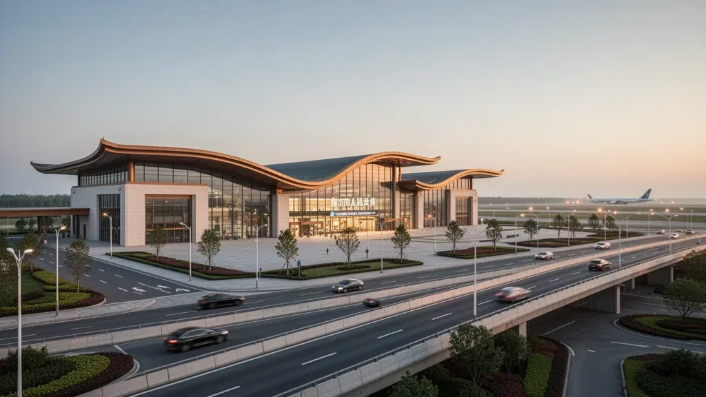 Altın saatlerde Nanyang Jiangying Havalimanı'nın modern terminal dış cephesi ve kıvrımlı çatı hatları, indirme yoluna sahip ve cam cepheli