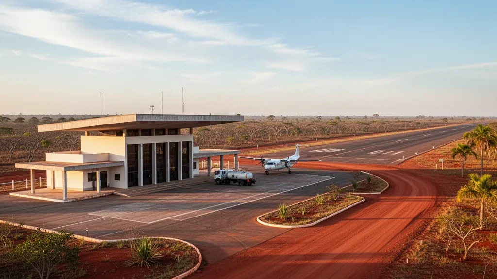 Terminal de poca altura, plataforma pavimentada y camino de acceso de tierra roja en el aeropuerto de Nova Xavantina, en Mato Grosso, Brasil, bajo la cálida luz del Cerrado.