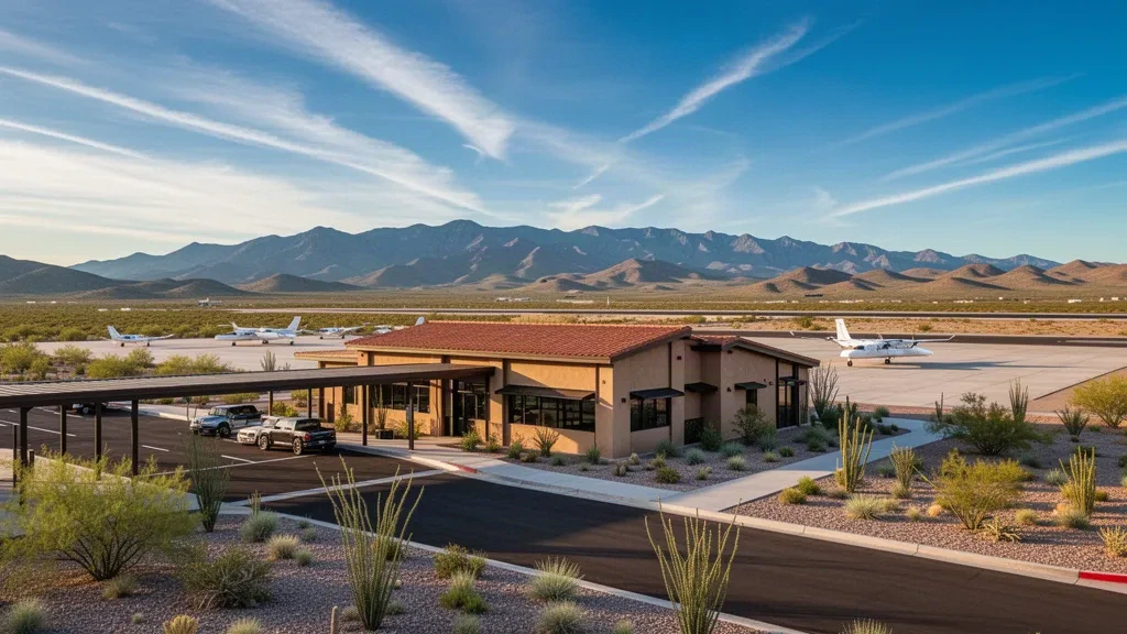 Terminal compact en zone désertique, tarmac et voie de dépose à l'aéroport international de Nogales en Arizona, avec des chaînes de montagnes lointaines en arrière-plan sous un ciel dégagé