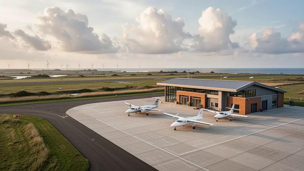 Petit terminal d'aérodrome régional et avions légers stationnés sur l'aire de trafic à Norden-Norddeich, sur la côte de la mer du Nord en Frise orientale
