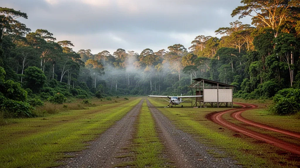 Remote Nomad River Airport airstrip in Papua New Guinea, surrounded by dense rainforest with a small propeller aircraft on the grass runway.