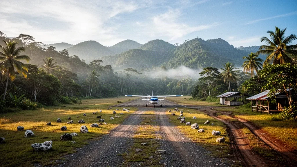 Pista de aterrizaje de hierba remota en el aeropuerto de Naoro, en la Provincia Central de Papúa Nueva Guinea, rodeada de crestas de selva tropical brumosa al amanecer