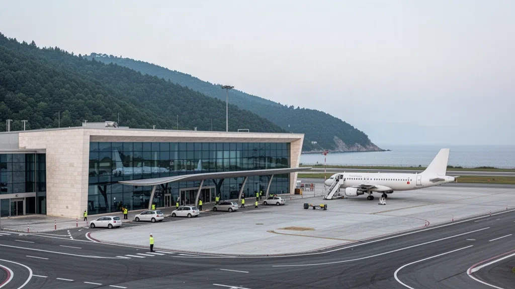 Flaches gläsernes Terminal und Vorfeld am Flughafen Sinop an der türkischen Schwarzmeerküste, mit bewaldeten Hügeln und sanftem Morgenlicht