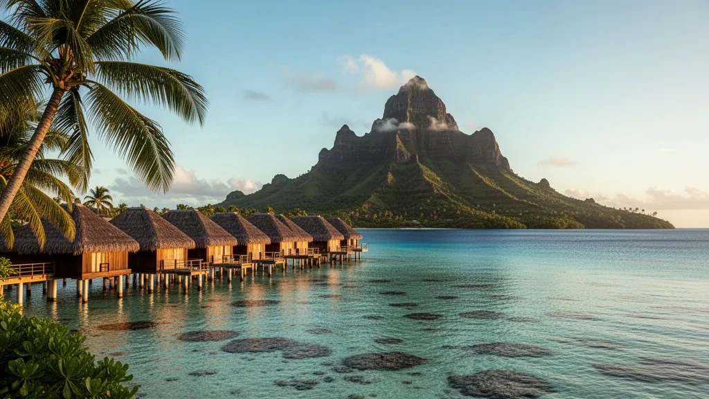 Fransız Polinezyası, Bora Bora'da Mount Otemanu'nun altındaki turkuaz lagünde, gün batımı saatlerinde su üstü bungalovları.