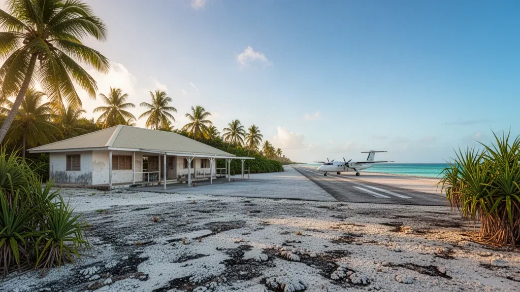 Terminal à ciel ouvert et piste en corail d'un petit aéroport insulaire du Pacifique sur l'atoll de Nonouti, aux Kiribati, baignés dans une lumière chaude d'heure dorée